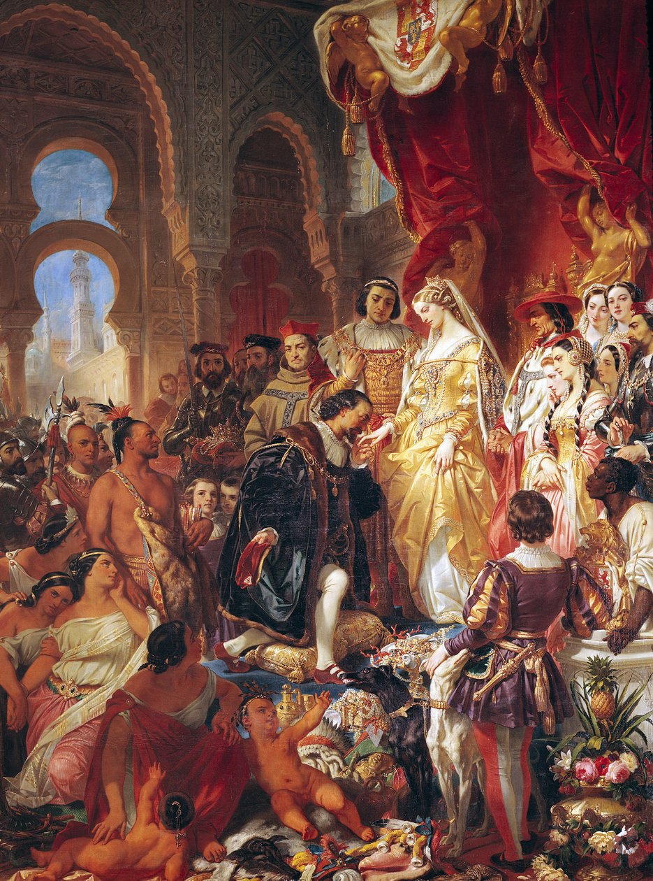 A recepção de Cristóvão Colombo (1450-1506) por Ferdinand II (1452-1516) de Aragão e Isabella (1451-1504) de Castela de Eugene Deveria
