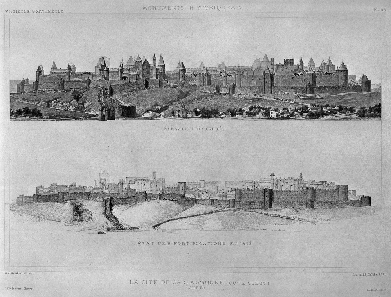 Vista de Carcassonne do lado oeste, Estado das fortificações e da cidade em 1853, ilustração de &39;Monuments Historiques&39;, publicado por Laurens et Schmidt editeurs de Eugene Emmanuel Viollet le Duc