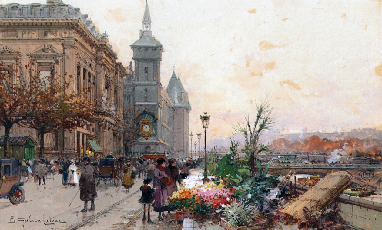 O Mercado das Flores, Paris (guache e wc no papel) de Eugene Galien Laloue
