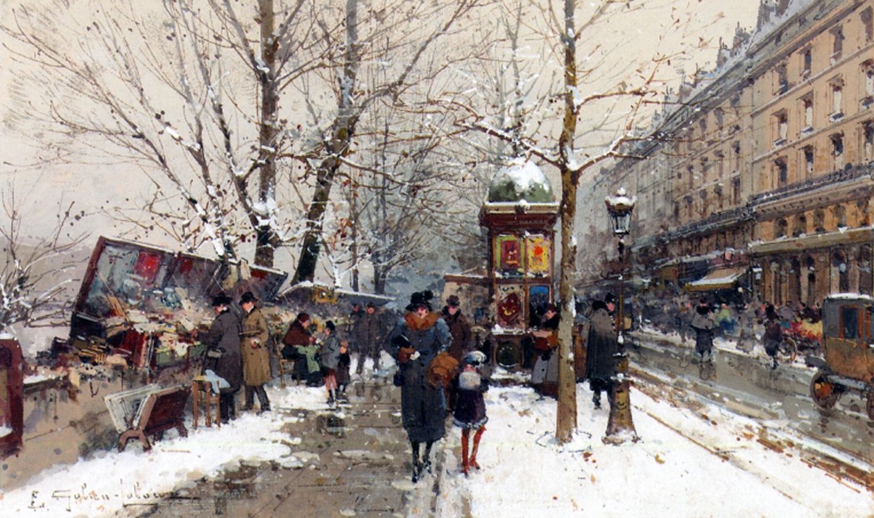 Bookstalls in Winter, Paris (guache e wc no papel) de Eugene Galien Laloue