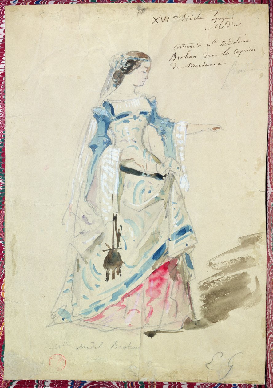 Figurinos de Mlle Madeleine Brohant (1833-1900) para o papel de Marianne em &39;Les Caprices de Marianne&39; de Alfred de Musset (1810-1857) 1851 de Pierre François Eugène Giraud