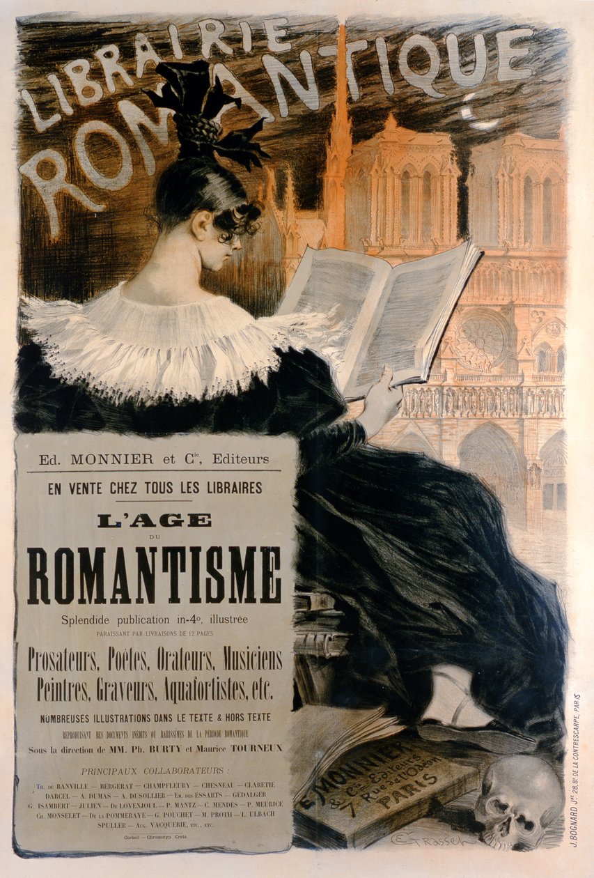 Cartaz "Librairie Romantique" anuncia uma série de livros sobre a história do romantismo, 1887 de Eugene Grasset