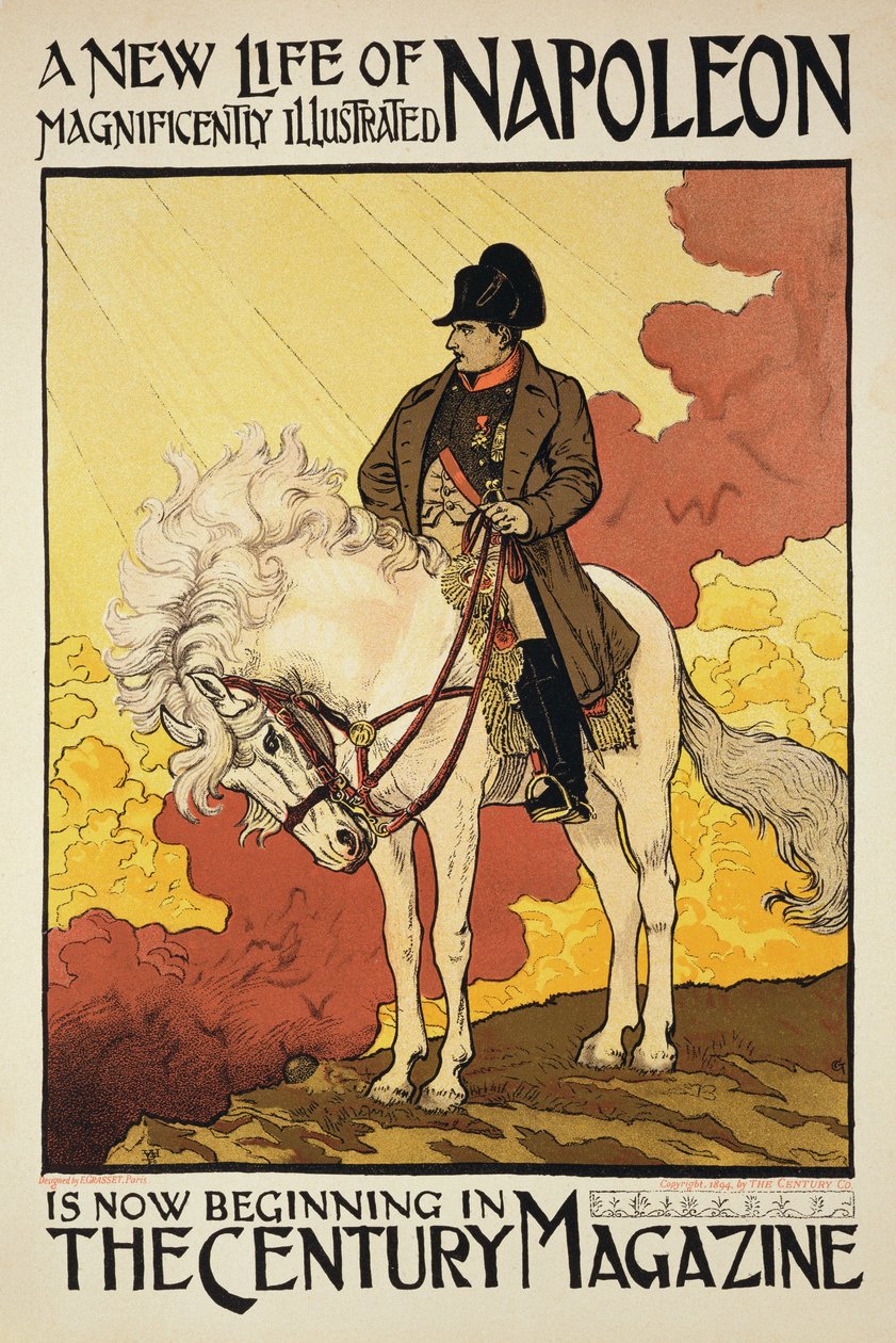 Reprodução de um cartaz publicitário &39;Uma nova vida de Napoleão&39;, ilustrado na Century Magazine de Eugene Grasset