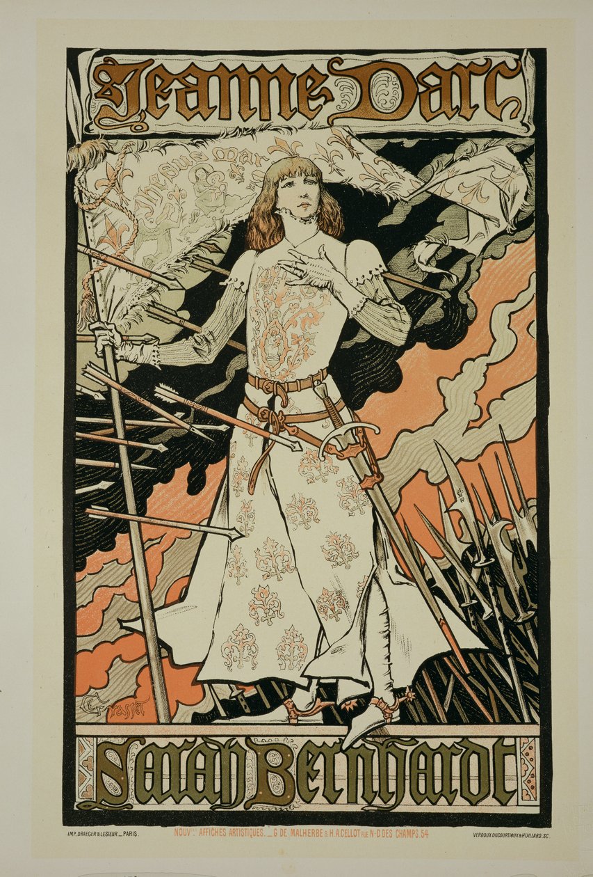 Reprodução de um cartaz publicitário &39;Joana d&39;Arc&39;, estrelado por Sarah Bernhardt (1844-1923) no Renaissance Theater (ver 127035) de Eugene Grasset