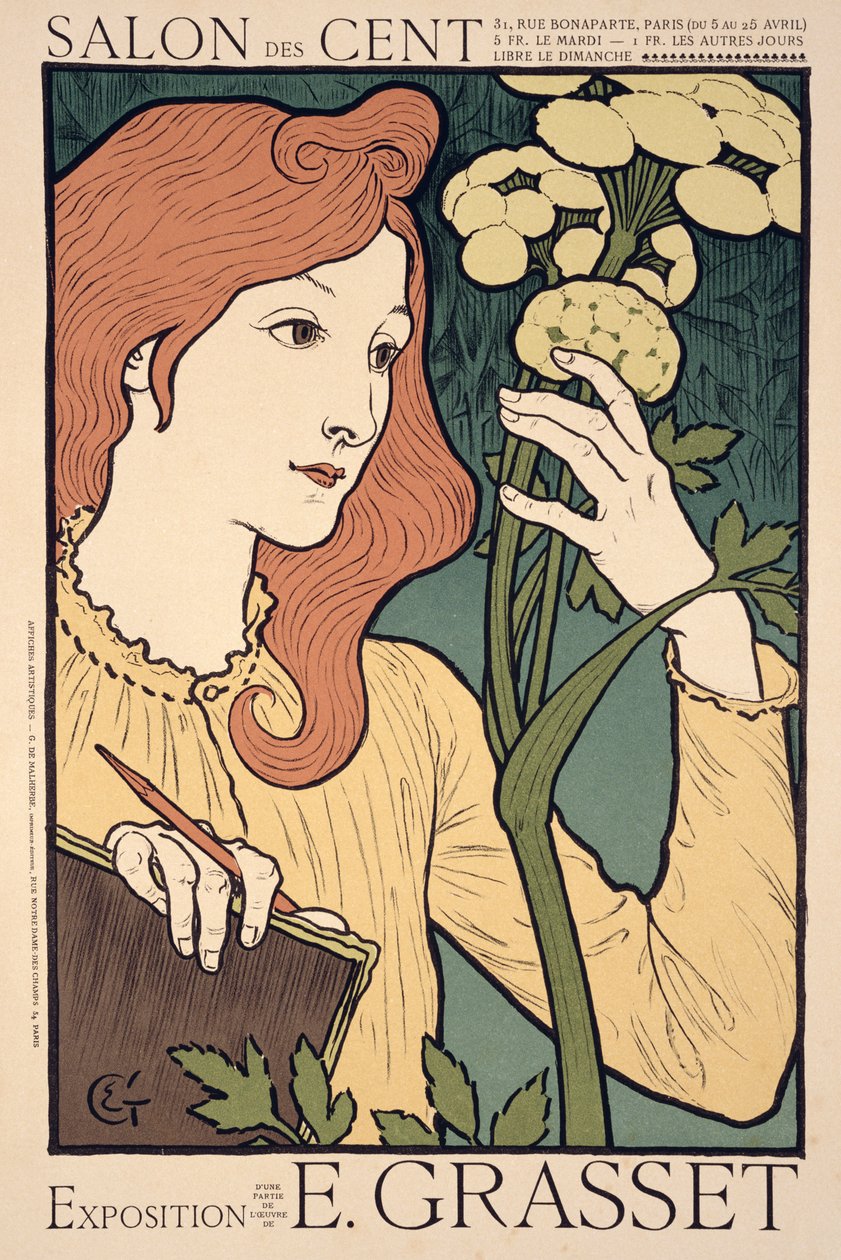 Reprodução de um cartaz publicitário de uma "Exposição de obras de Eugene Grasset, no Salon des Cent", rue Bonaparte, Paris de Eugene Grasset
