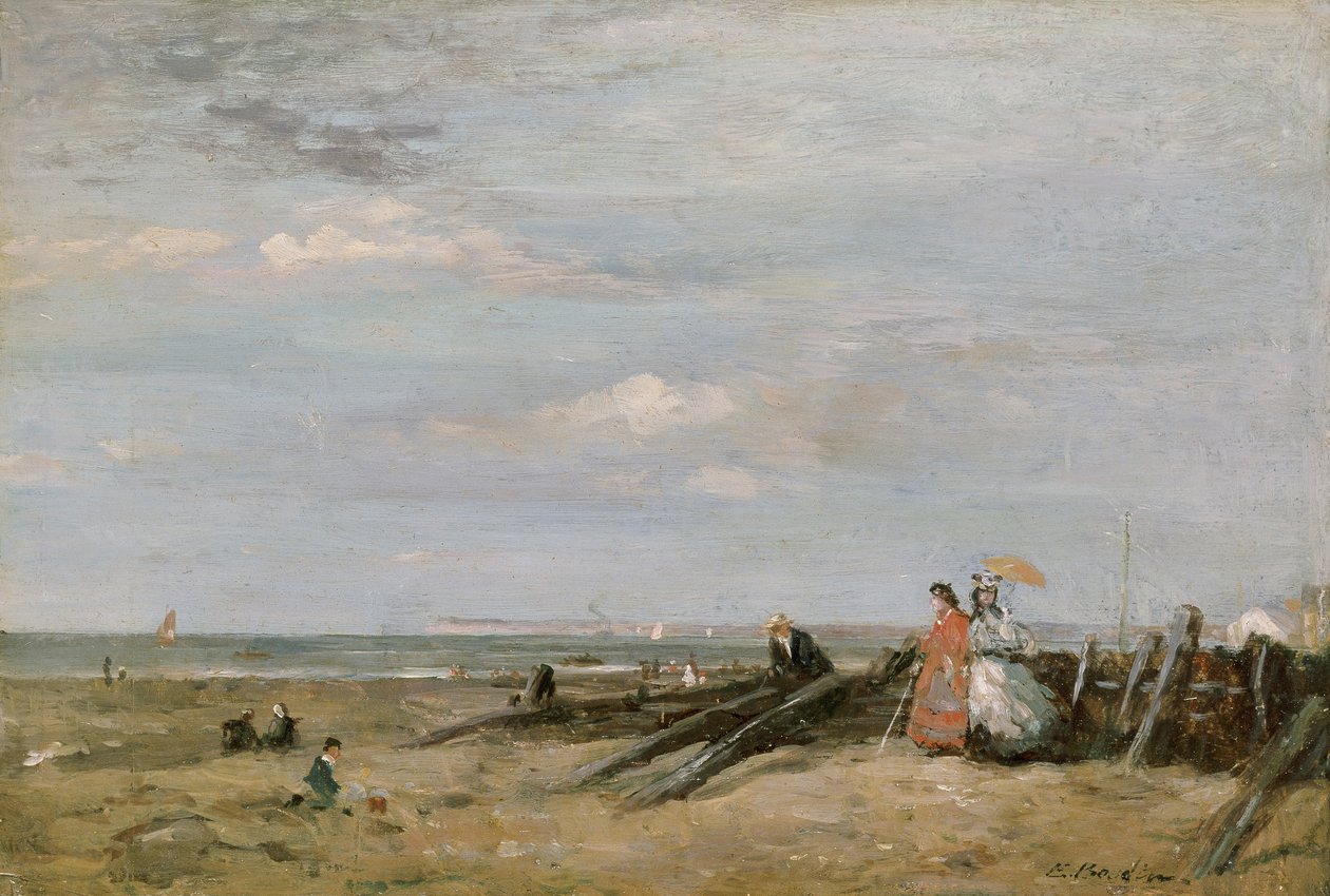 Uma cena de praia em Trouville, década de 1860 (óleo no cartão colocado no painel) de Eugene Louis Boudin