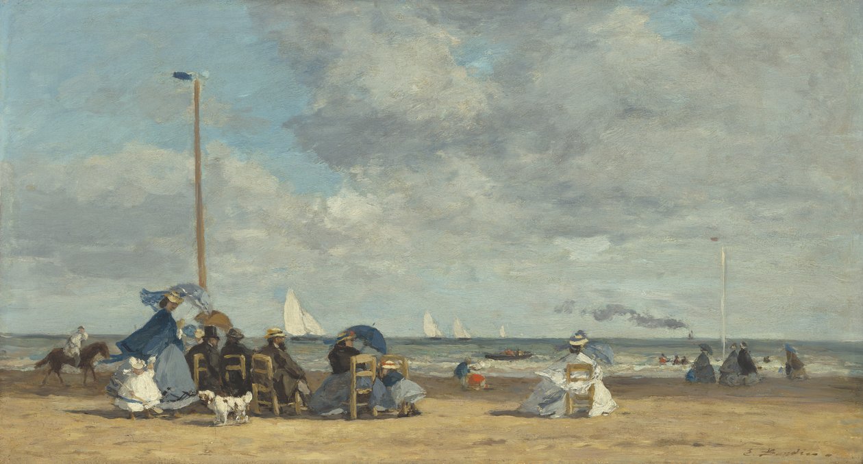 Praia em Trouville, 1864-5 (óleo sobre madeira) de Eugene Louis Boudin