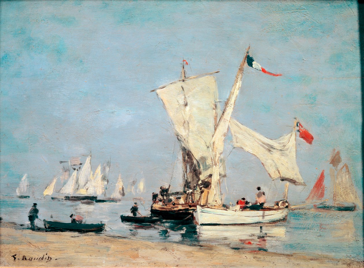 Veleiros, circa 1869, Pintura de Eugene Louis Boudin (1824-1898), Sol: 0,24x0,31m, Paris, Musée dOrsay - “” Barcos à Vela ””, c, 1869, Óleo sobre madeira por Eugene-Louis Boudin (1824 -1898), Sol: 0,24x0,31m, de Eugene Louis Boudin