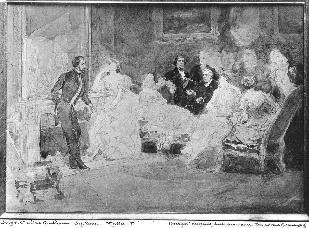 Alfred de Musset (1810-57) Eugene Delacroix (1798-1863) e Pierre Antoine Berryer (1790-1868) em uma noite social, c.1840 de Eugene Louis Lami