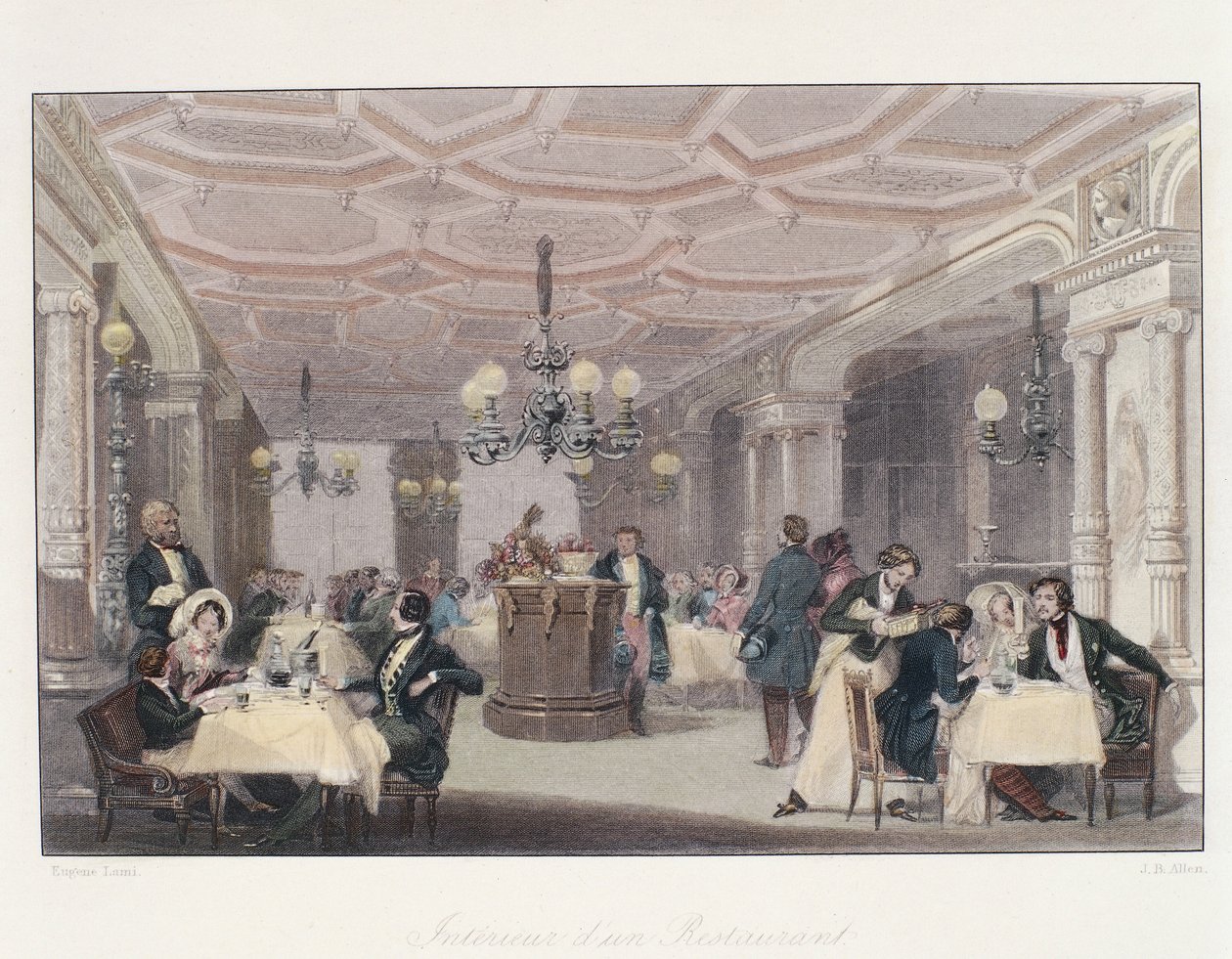 França, Paris, interior do Restaurante Les Trois Freres Provencaux com sua decoração da era da restauração, do inverno em Paris, por Eugene Lami de Eugene Louis Lami