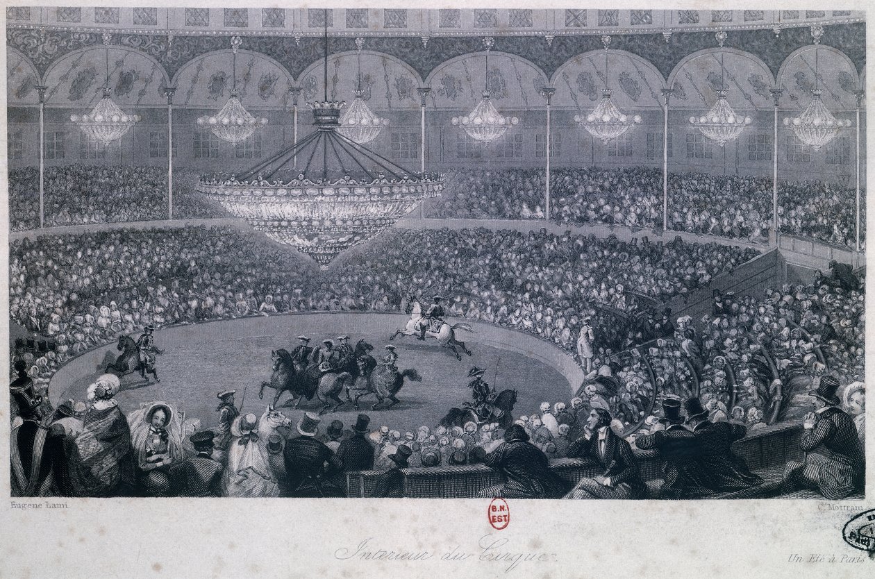 Espectáculo de cavalos no circo Franconi, Champs Elysees, Paris, Eugene Louis Lami (1800-1890), gravado por Charles Mottram (1807-1876) retirado do Verão e Inverno em Paris de Eugene Louis Lami