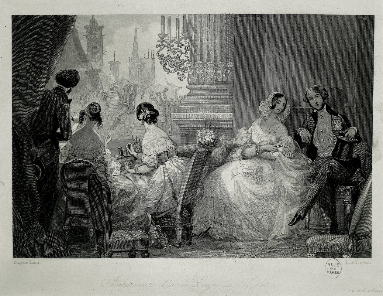 Interior da Ópera de Paris, pessoas em loge Gravura de Eugene-Louis Lami de Eugene Louis Lami