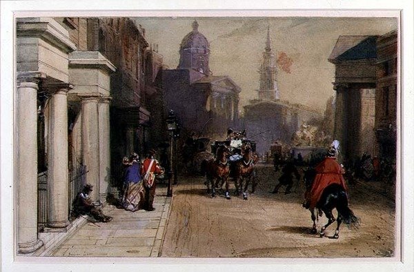 Trafalgar Square do Pall Mall, c.1848-52 (aquarela e guache sobre lápis sobre papel) de Eugene Louis Lami