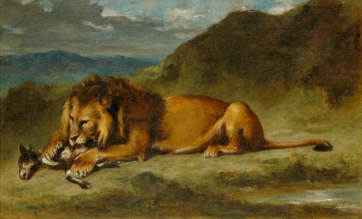 Lion Devoring a Goat, c.1850 (óleo sobre tela) de Eugene  Delacroix