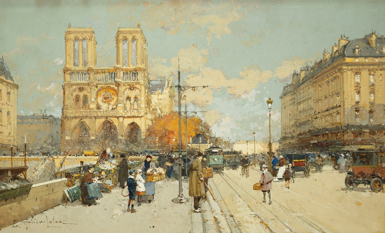 Figuras em uma ensolarada rua parisiense, Notre Dame à esquerda de Eugene Galien Laloue