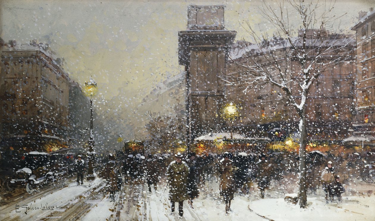 La Porte St. Martin (giz preto e cor do corpo) de Eugene Galien Laloue