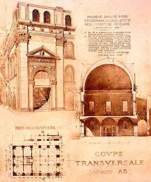 Plano, Corte e Elevação da Loggia, ou Palazzo del Commune, Brescia, Itália, de 