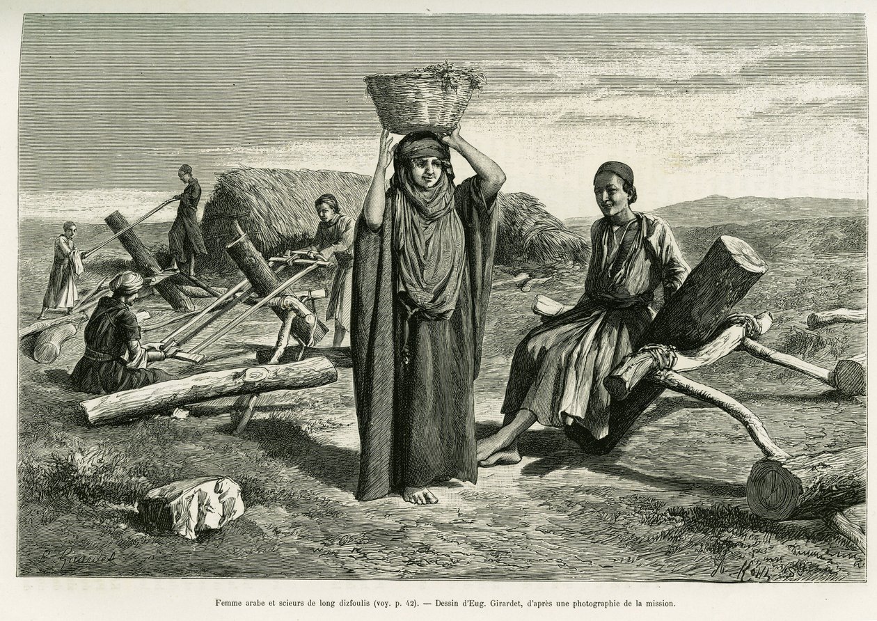 Mulher árabe e serradores de dez longos foulis. Gravura de Eugene Girardet, para ilustrar a história A Suse de Eugene Alexis Girardet