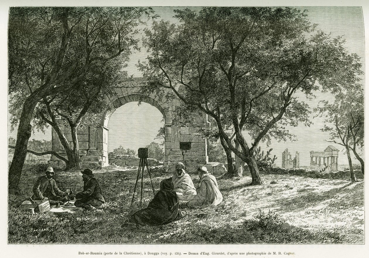 Bab-er-Roumia (Bab er Roumia), portão da mulher cristã, ruínas romanas em Dougga, piquenique de viajantes e seus guias, ao redor de uma câmera. Gravura de Eugene Girardet, para ilustrar a história Voyage en Tunisie, de R.Cagnat e H.Saladin, cargas de um ar de Eugene Alexis Girardet