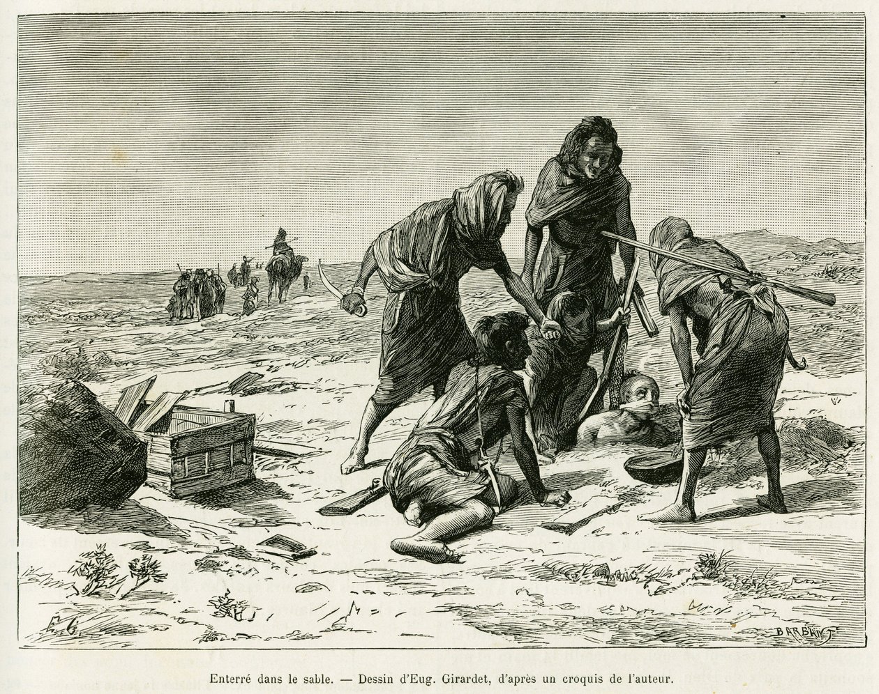 Enterrar na areia. Gravura de Eugene Girardet, para ilustrar a história Cinco meses nos pântanos nómadas do Sahara Ocidental, em 1887, de Camille Douls, em le tour du monde 1888, sob a direcção de Edouard Charton (1807-1890), Hachette, Paris. de Eugene Alexis Girardet