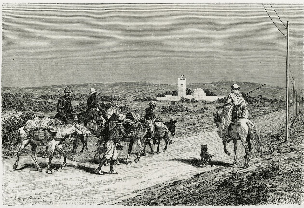 O nosso reboque está em movimento. Gravado por Eugene Girardet, para ilustrar a história "Voyage en Tunisie", do historiador René Cagnat (1852-1937) e Henri Saladin (1851-1923), arquiteto, encomendado em 1882-1883, pelo Ministério da Instrução Pública. Pub de Eugene Alexis Girardet
