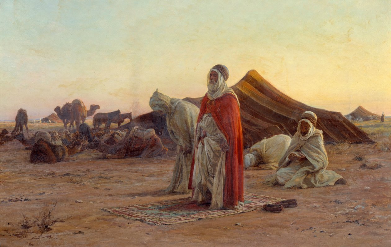 Tenda no deserto A oração. O detalhe. Pintura de Eugene Alexis Girardet (1853-1907) Bayonne do século XIX, Musee Bonnat de Eugene Alexis Girardet