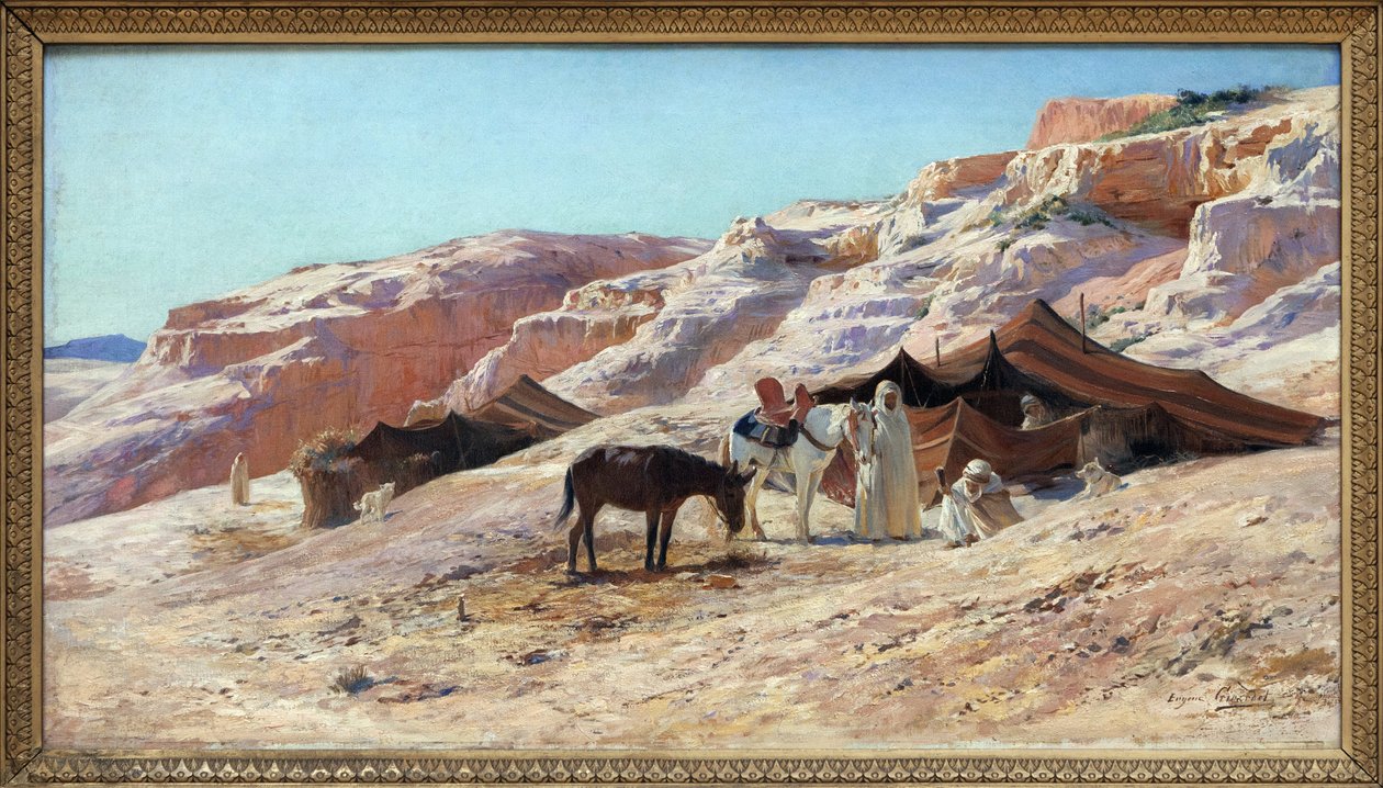 O Campo, Pintura a óleo sobre tela por Eugene Girardet (1853-1907), acampamento de um grupo de viajantes árabes (beduínos) numa paisagem de dunas. Dim. 50x60 cm. Fotografia, KIM Youngtae, Nantes, Musee des Beaux Art de Nantes. de Eugene Alexis Girardet