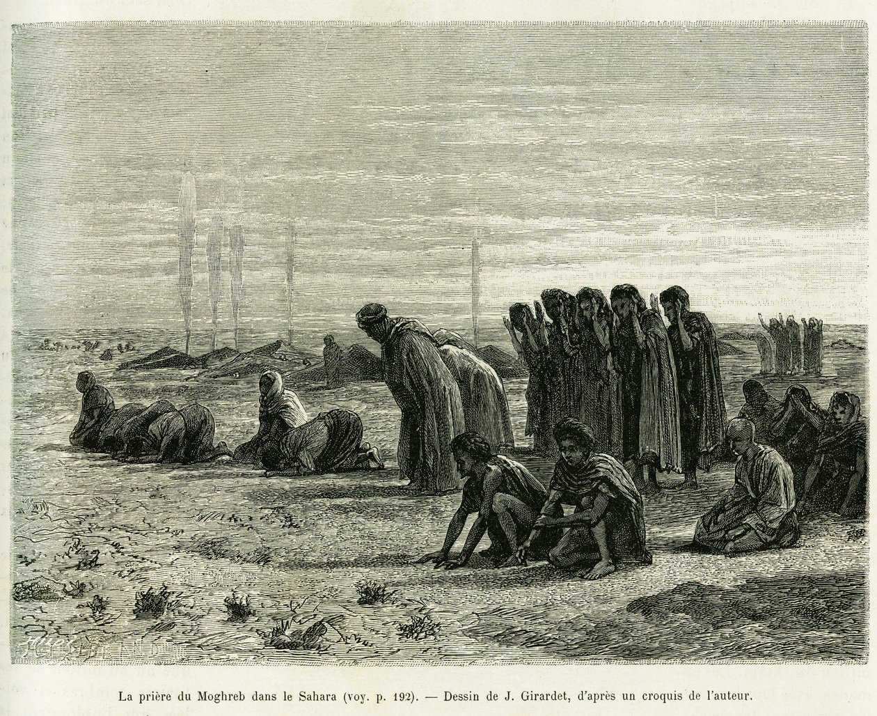 A oração do Moghreb no Saara. Gravado por J.Girardet, para ilustrar a história Cinq mois chez les moures nomades du Sahara occidental, em 1887, por Camille Douls, em le tour du monde 1888, sob a direcção de Edouard Charton (1807-1890), Hachette, Pa de Eugene Alexis Girardet