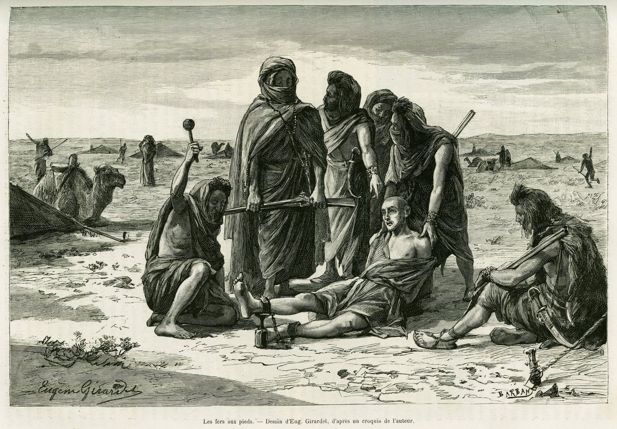 Os ferros nos pés. Gravado por Eugene Girardet, para ilustrar a história Cinq mois chez les moures nomades du Sahara occidental, em 1887, por Camille Douls, em le tour du monde 1888, sob a direcção de Edouard Charton (1807-1890), Hachette, Paris. de Eugene Alexis Girardet