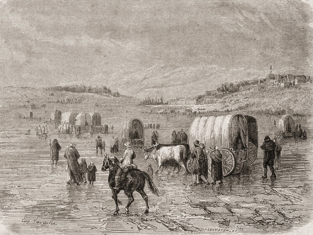 Um trem de vagões rumo ao oeste na década de 1860, gravado por Stephane Pannemaker (1847-1930) de Eugene Antoine Samuel Lavieille