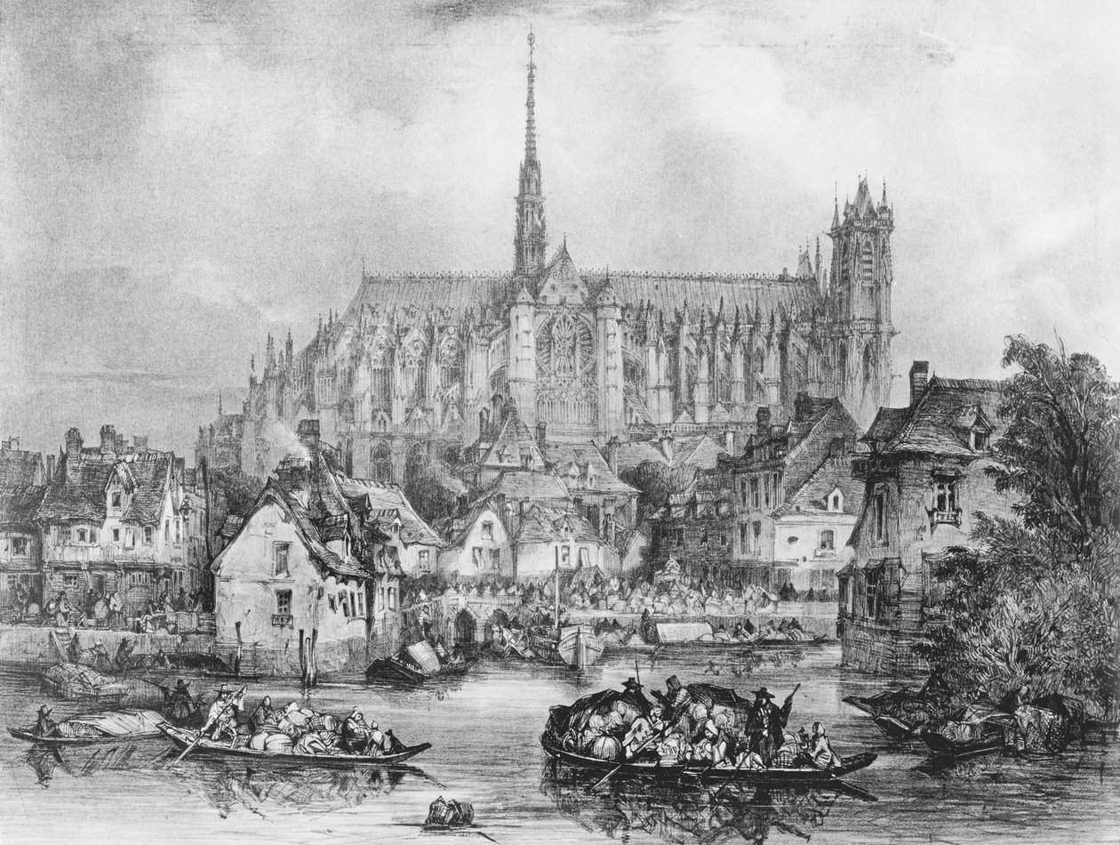 Vista da Catedral de Notre Dame, Amiens, de Pont Dudon (litho) (foto bw) de Eugene Balan