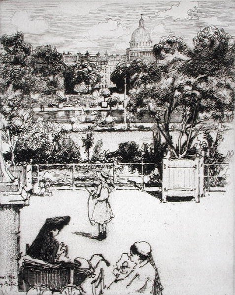 Parque parisiense, de "Du Ier au XXeme: Les Arondissements de Paris...", publicado em 1903 (gravura) de Eugene Bejot