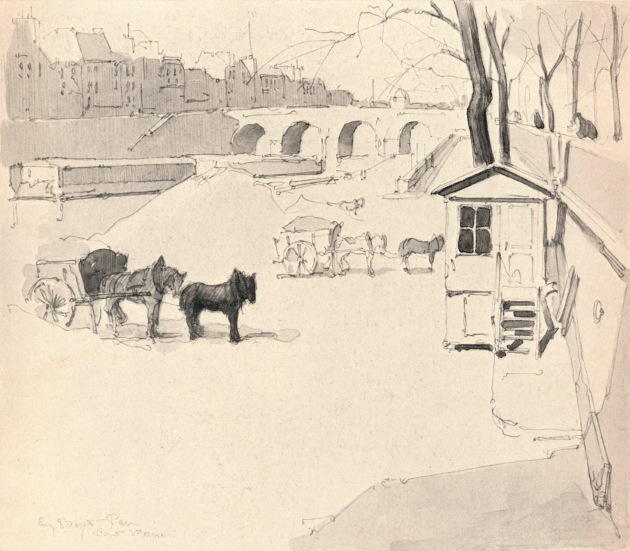 The Pont Marie - Cavalos e carroças, 1915 de Eugene Bejot