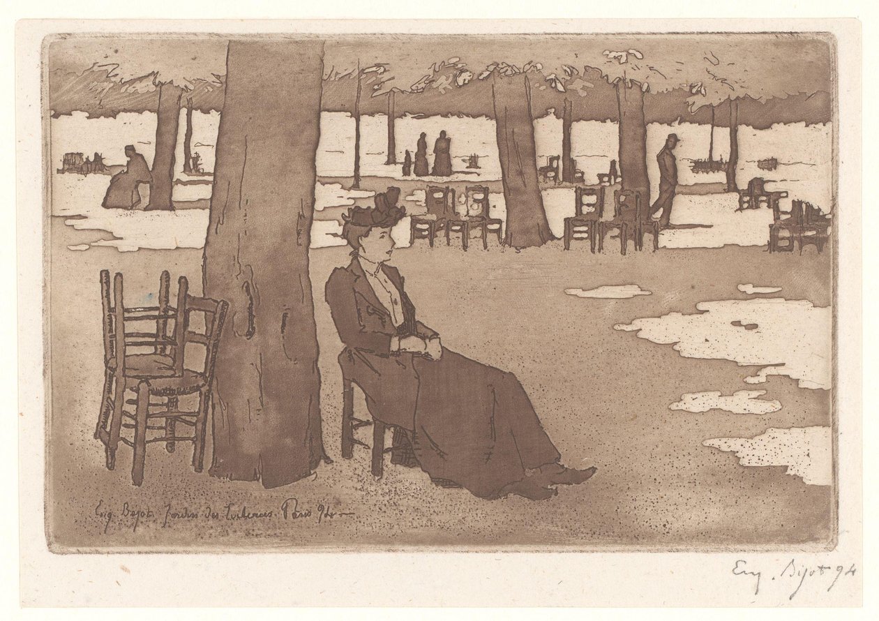 Mulher no jardim do jardim das Tulherias em Paris Jardins des Tuileries Paris (título no objeto) de Eugene Bejot