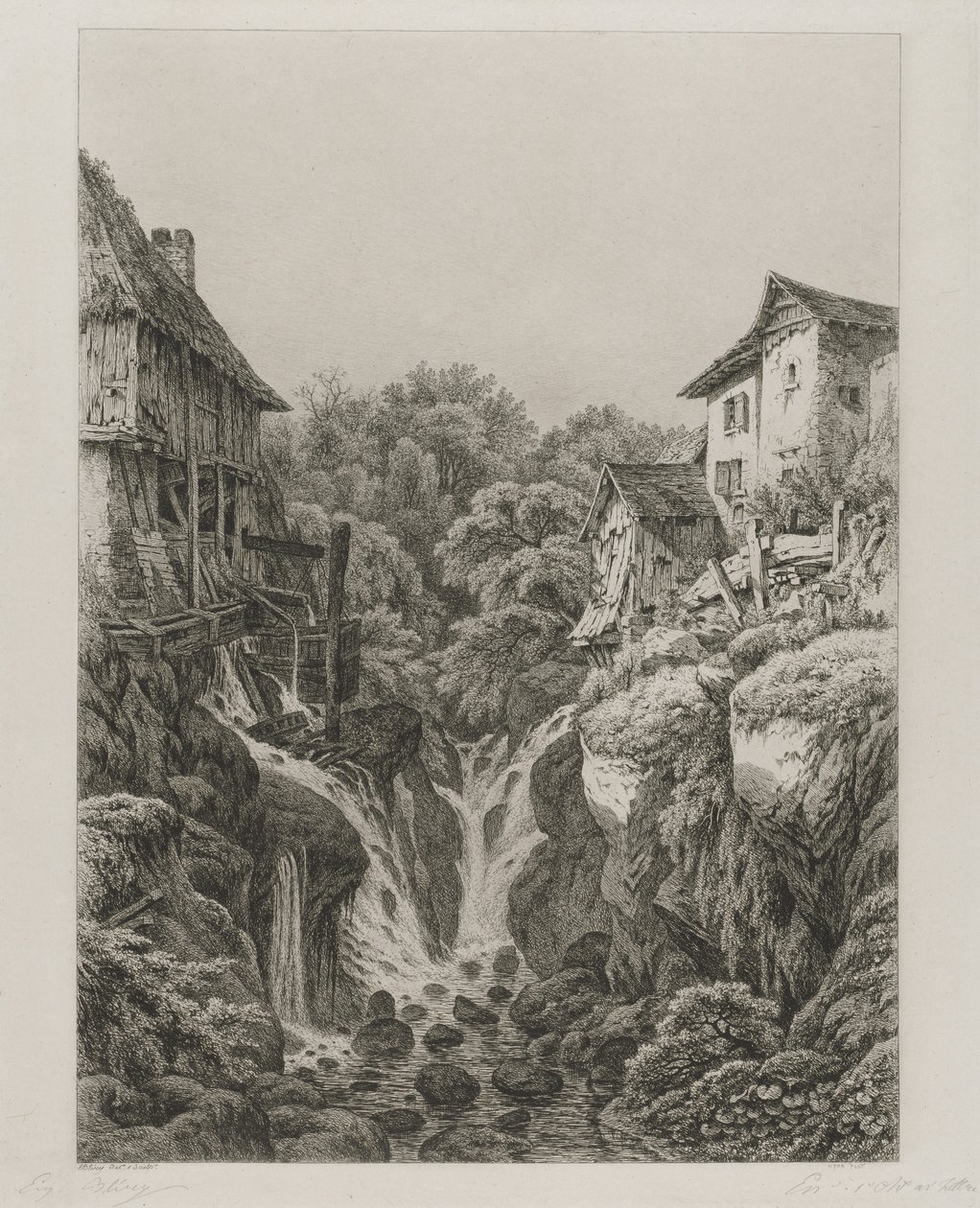 O moinho e a cachoeira de Grésy, perto de Aix-les-Bains, 1856. de Eugene Bléry