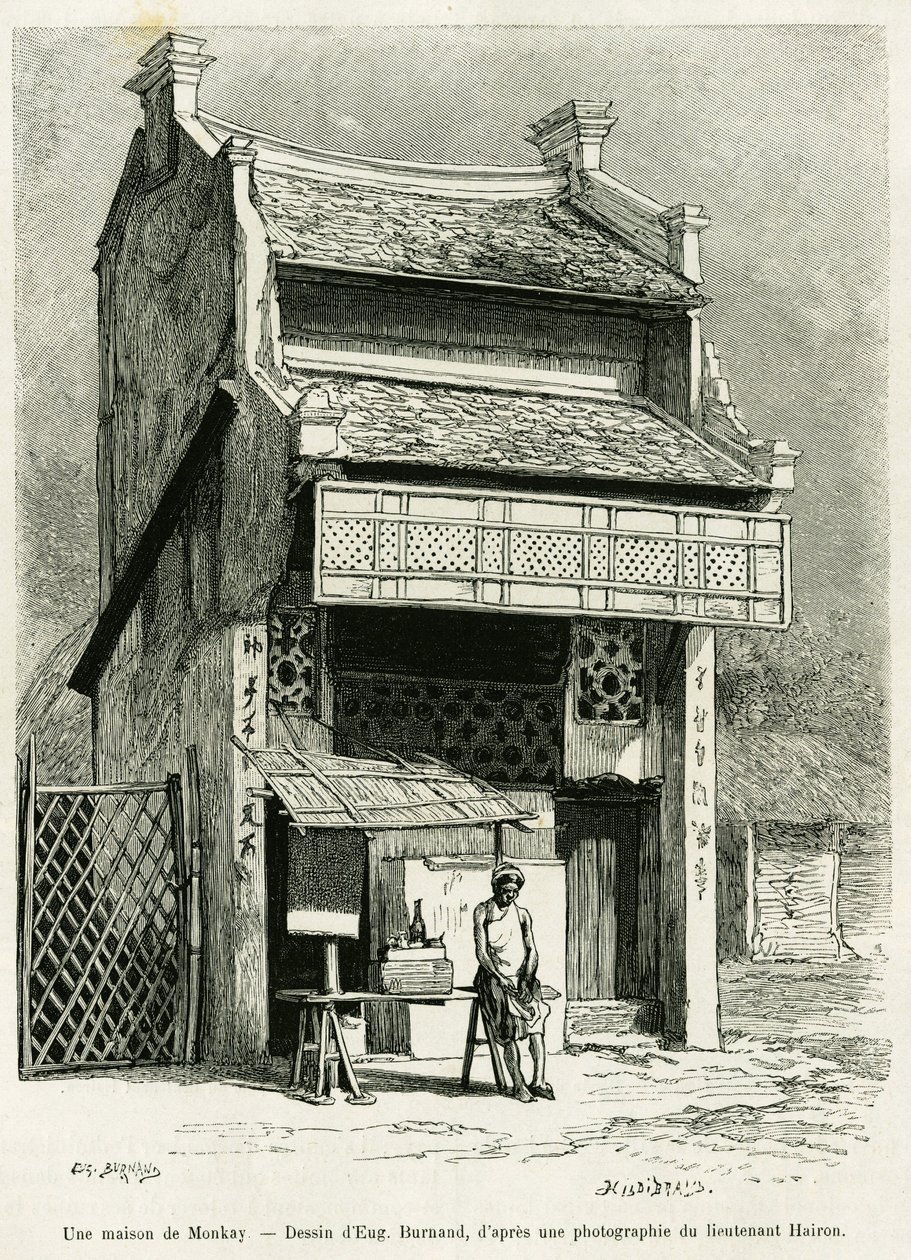 Uma casa Monkay. Gravura de Eugene Burnand, para ilustrar a história Sur les frontières du Tonkin, do Doutor P.Neiss, no tour du monde 1888, dirigido por Edouard Charton (1807-1890), Hachette, Paris. de Eugene Burnand
