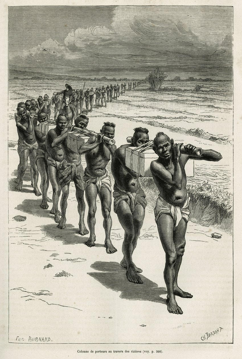 Coluna de portadores através dos arrozais, entre Bassac e Hue, gravada após um desenho de Eugene Burnand, para ilustrar a história sobre o Laos e as populações selvagens da Indochina, pelo Dr. Harmand, em 1877, publicada no tour du monde, sob o título dire de Eugene Burnand