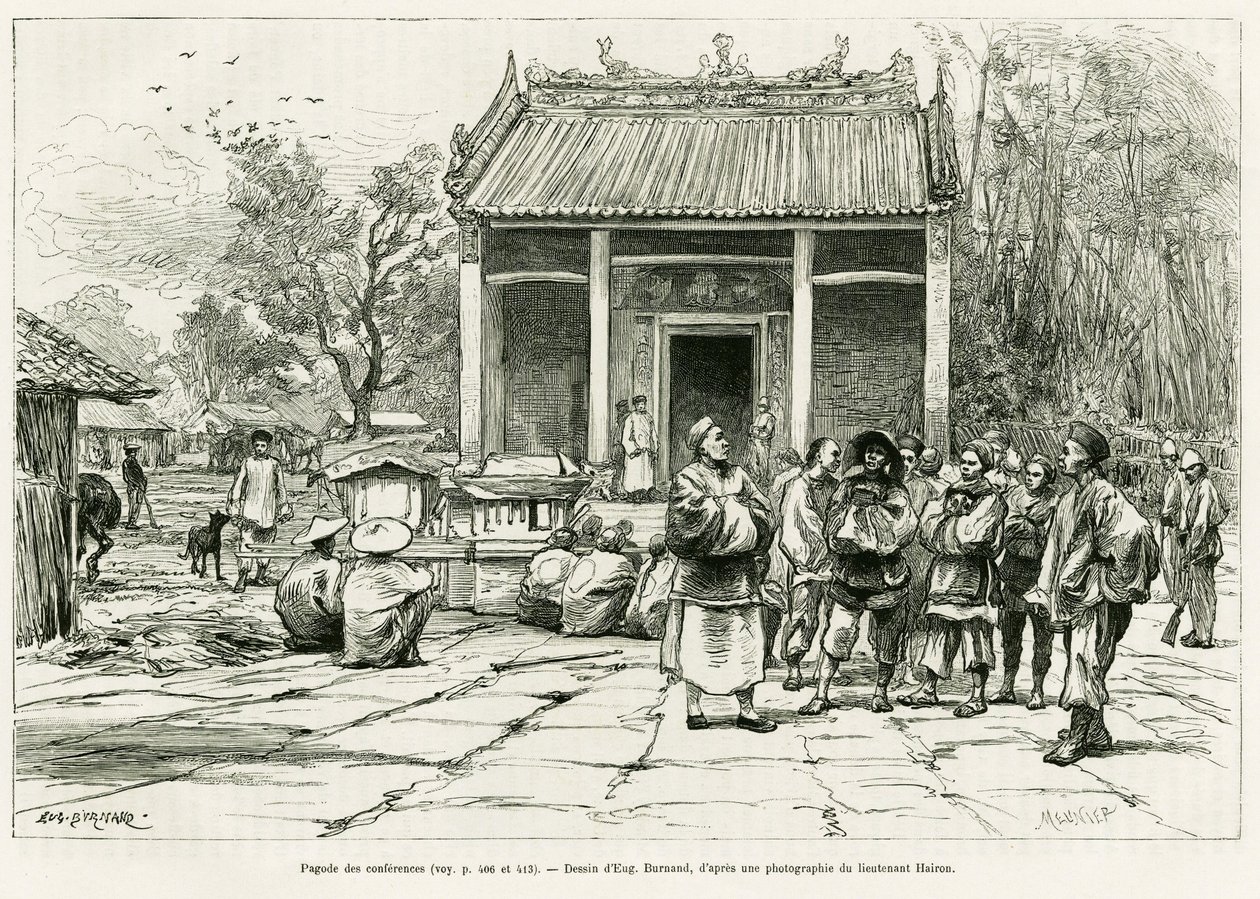 Conferências Pagoda, Monkay. Gravura de Eugene Burnand, para ilustrar a história Sur les frontières du Tonkin, do Doutor P.Neiss, no tour du monde 1888, dirigido por Edouard Charton (1807-1890), Hachette, Paris. de Eugene Burnand
