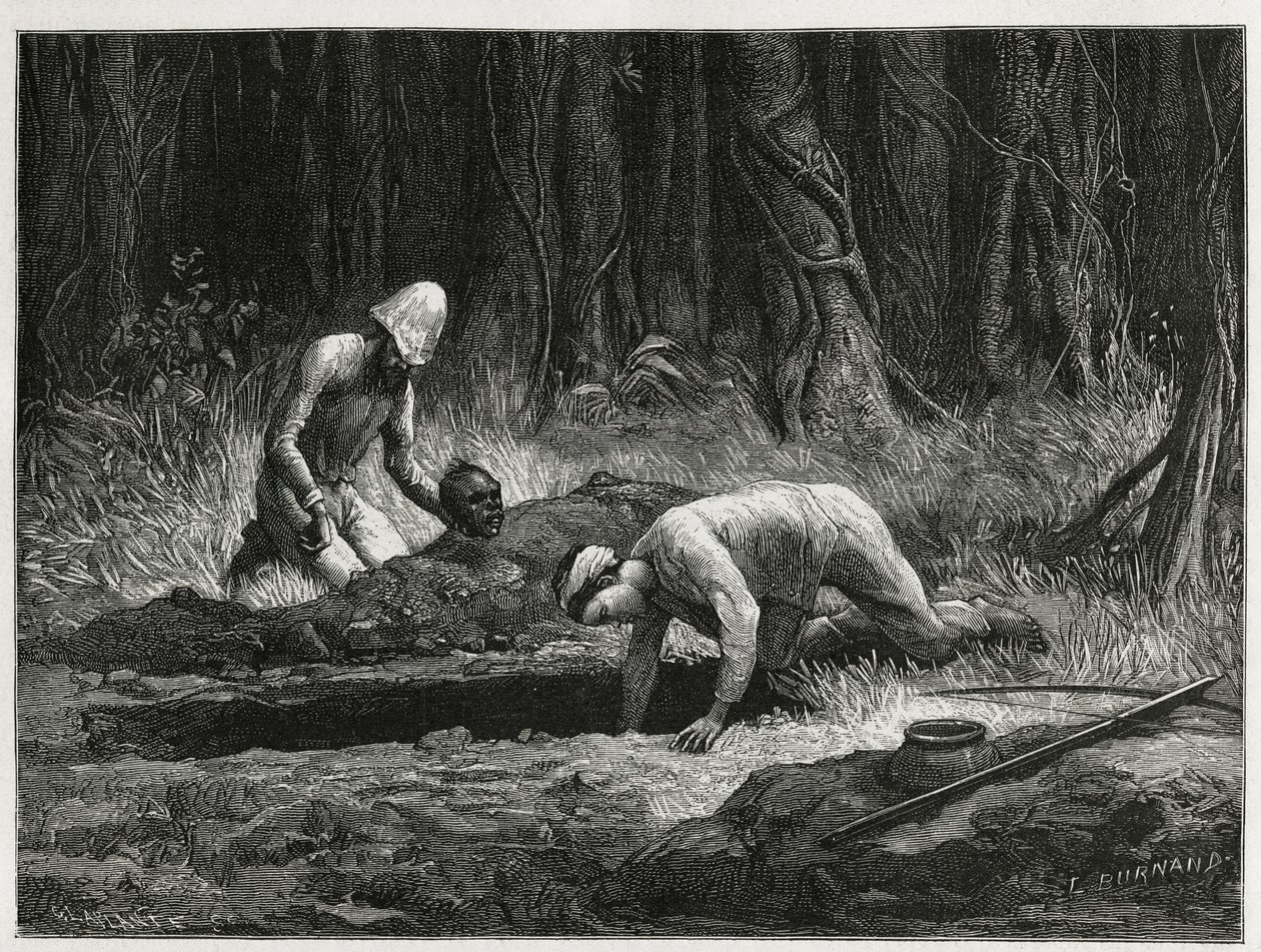 Dr. Harmand e seu ajudante Annamite, realizando exumações clandestinas de enterros Khas, em Attopeu (Laos), gravada por Eugene Burnand, para ilustrar a história do Laos e das populações selvagens da Indochina pelo Dr. Harmand, em 1877, publicada no tour du de Eugene Burnand