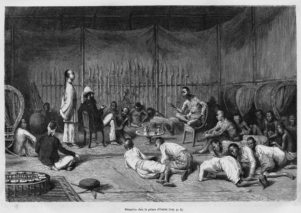 Dr. Harmand na recepção do Príncipe de Oubon (Laos), descrição do interior da mala principesca e do seu pátio, gravada por Eugene Burnand, para ilustrar a história do Laos e das populações selvagens da Indochina, pelo Dr. Harmand, em 1877, publicou de Eugene Burnand
