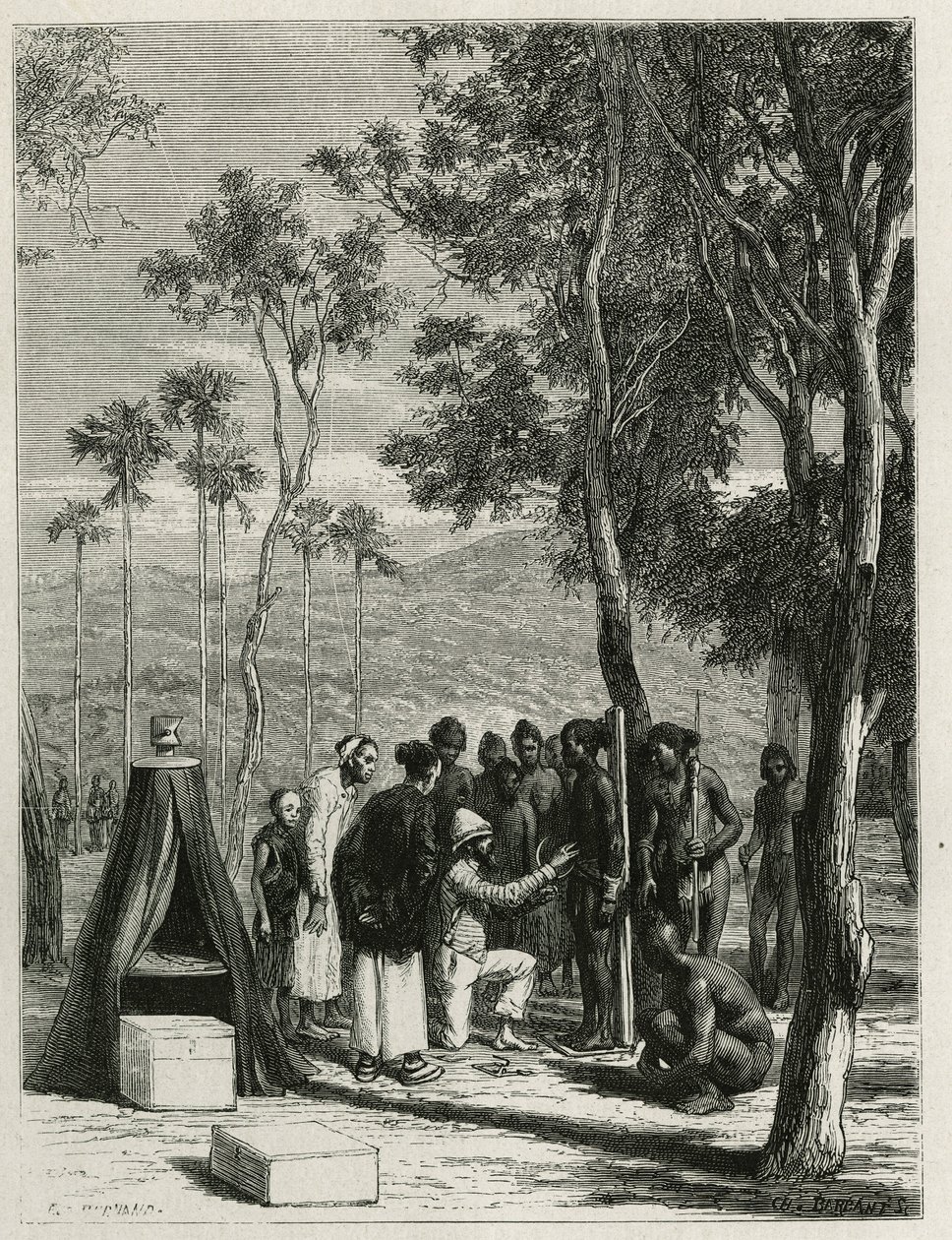Dr. Harmand procede a medições antropológicas sobre os indígenas Khas, um Attopeu (Laos), gravado por Eugene Burnand, para ilustrar a história do Laos e as populações selvagens da Indochina pelo Dr. Harmand, em 1877, publicado no tour du monde, sob de Eugene Burnand