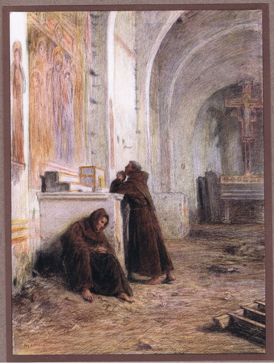 Frei Giles e seu companheiro desmaiam de fome em uma igreja deserta, em 1919 de Eugene Burnand