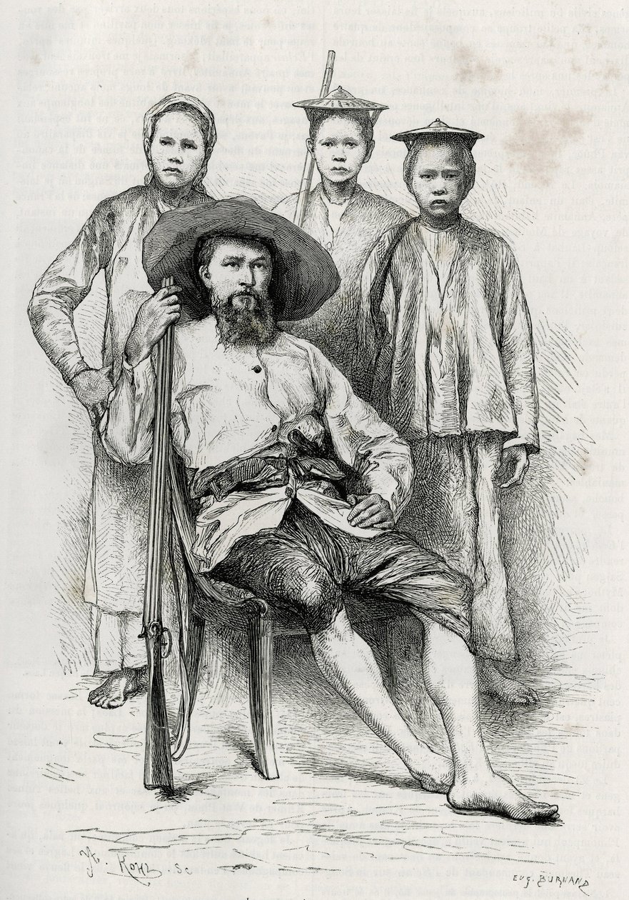 Retrato do autor, rodeia os seus companheiros de viagem. Gravura de Eugene Burnand, para ilustrar a história "Journey in Upper Laos", de 1880, do Dr. P.Neis. Publicado em Le Tour du monde, nouveau journal des voyages, 2º semestre de 1885, editado por Edou de Eugene Burnand