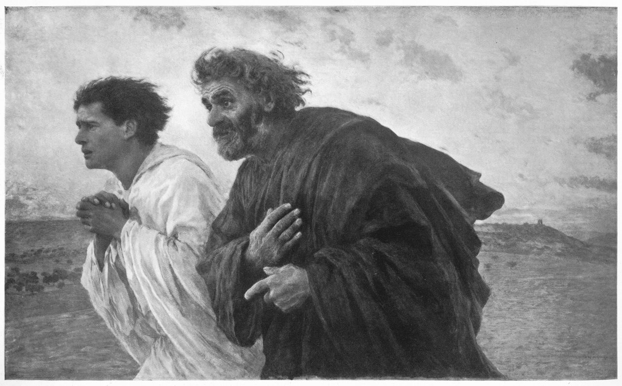 Os discípulos Pedro e João, correndo para o sepulcro na manhã da ressurreição, c1898, de Eugene Burnand