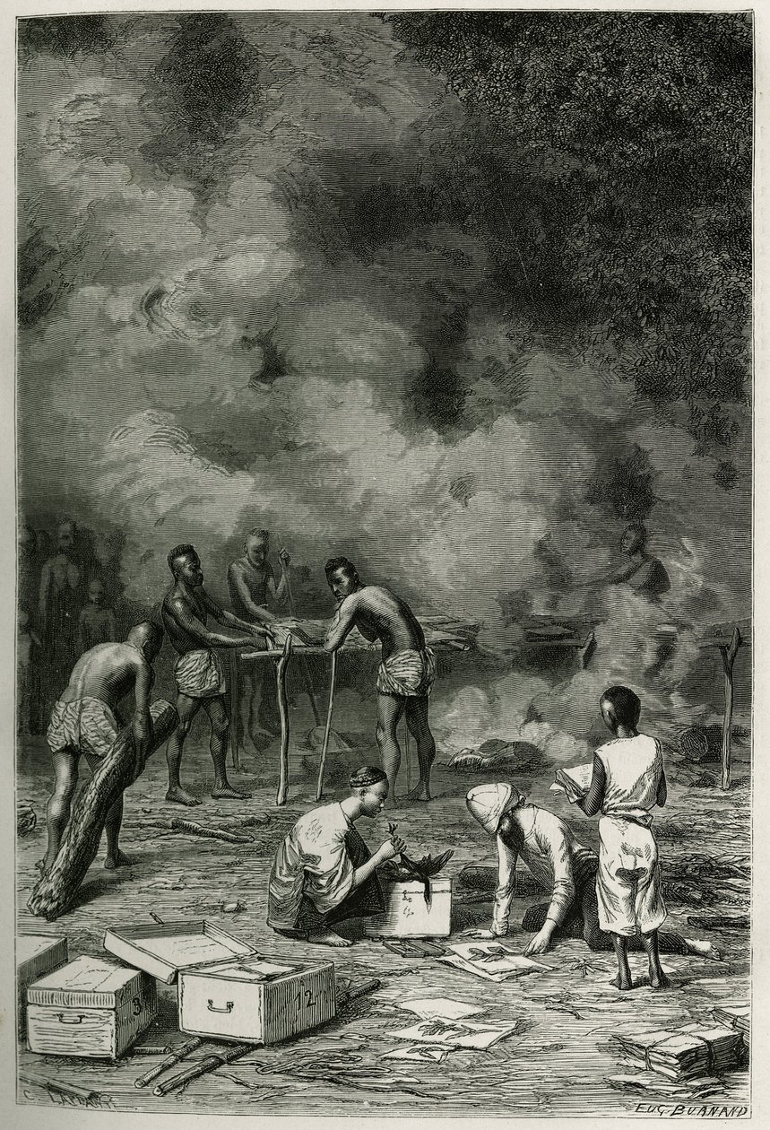 A secagem das plantas de herbário, em grandes argilas de bambu, antes que o médico as classifique e as armazene nas suas caixas, gravada por Eugene Burnand, para ilustrar a história do Laos e das populações selvagens da Indochina pelo Doutor Harmand, em 18 de Eugene Burnand