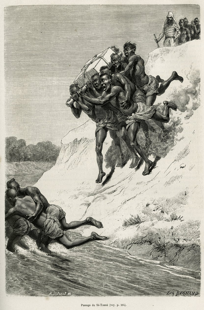 A passagem do Riviere Se Touon (Se Touon), ao fundo, um retrato do narrador viajante, gravado após um desenho de Eugene Burnand, para ilustrar a história do Laos e das populações selvagens da Indochina, pelo Dr. Harmand, em 1877, publica de Eugene Burnand