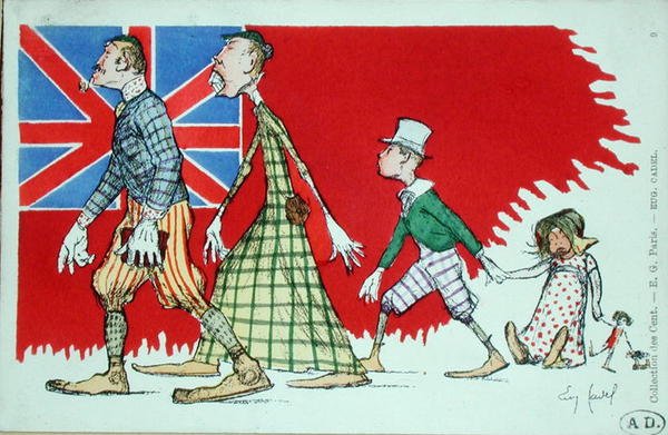 Família britânica como percebida pelos franceses, cartão postal (cor litho) de Eugene Cadel