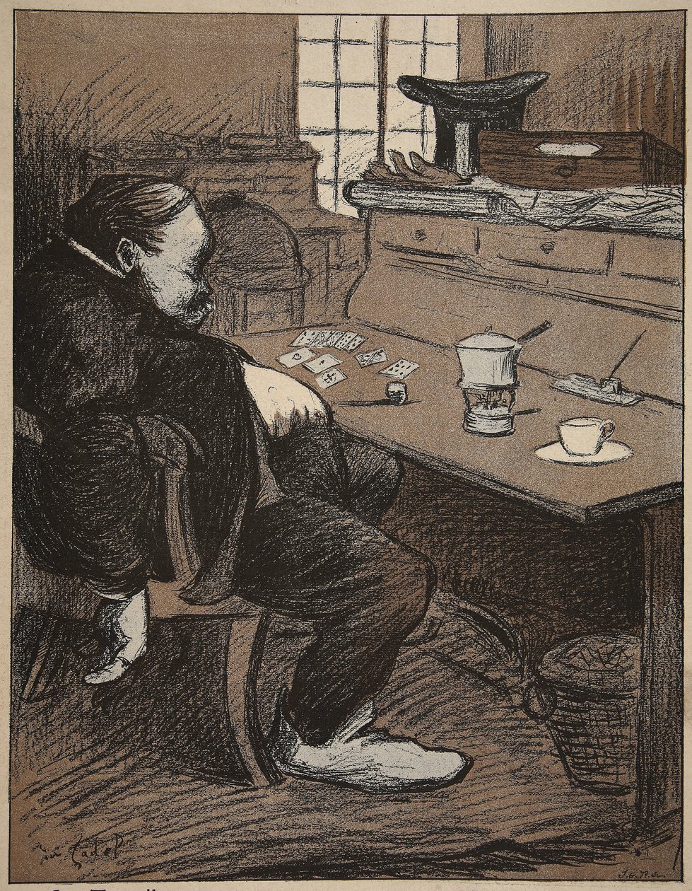 Trabalhando duro, um intervalo dos cartões e do café !, ilustração de "A Placa da Manteiga: Os Funcionários", 9 de agosto de 1902 de Eugene Cadel