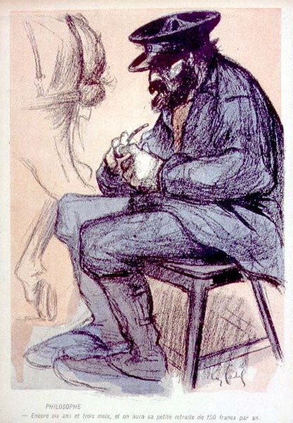 Filosofia: Mais seis anos e três meses, e você terá sua pensão de 150 francos, p. 1560 de LAssiette Au Beurre, 10 de janeiro de 1903 de Eugene Cadel