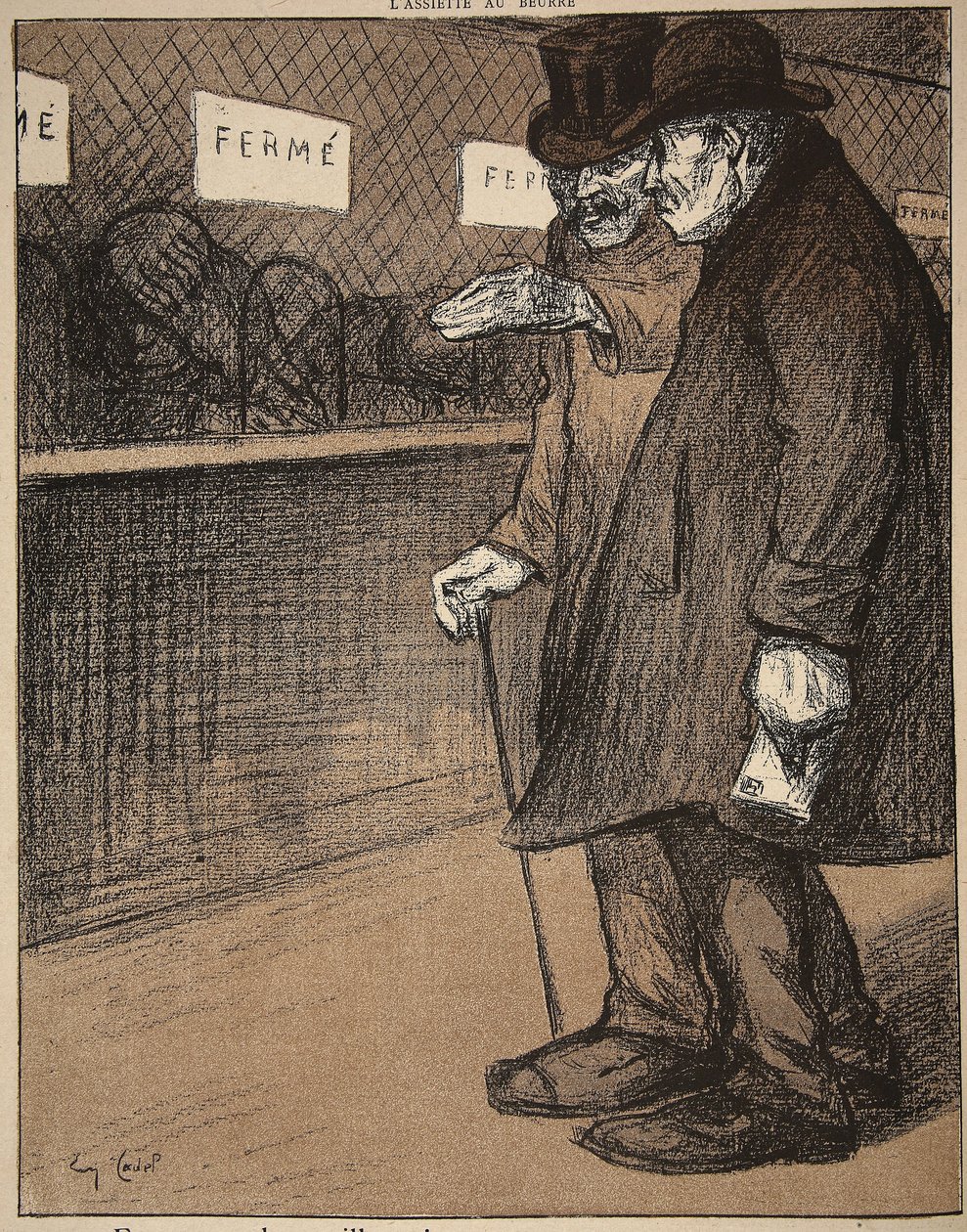 Dois senhores idosos passando por balcões fechados, ilustração de "O prato de manteiga: os funcionários públicos", 9 de agosto de 1902 de Eugene Cadel